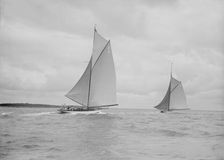 The racing cutters The Lady Anne and Istria running downwind, 1912. Creator: Kirk & Sons of Cowes