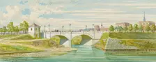 The Radetzky Bridge over the Vienna River with its outlet into the Danube, undated. Creator: Franz Gerasch