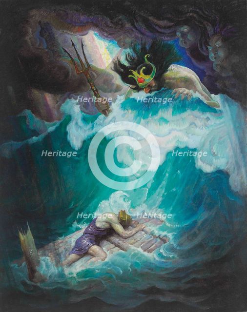 The Raft of Odysseus (Neptune Battles with Odysseus), 1929. Creator: Wyeth, N. C. (Newell Convers) (1882-1945).