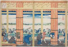 The Rain Shelter at Nii Hill by the Aji River, Osaka (Osaka Ajigawa Niiyama amayadori)..., c. 1834. Creator: Gakutei