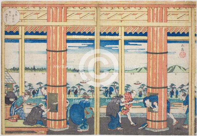 The Rain Shelter at Nii Hill by the Aji River, Osaka (Osaka Ajigawa Niiyama amayadori)..., c. 1834. Creator: Gakutei.