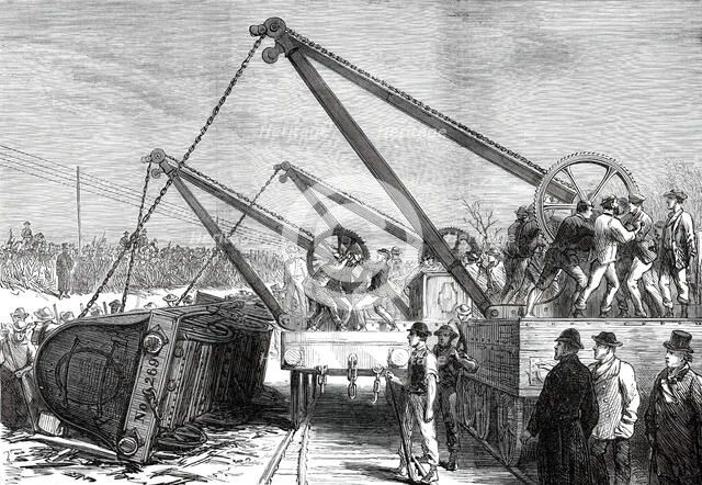 The Railway Accident at Abbotts Ripton, Huntingdon: raising an engine from the wrecked train, 1876. Creator: Unknown.