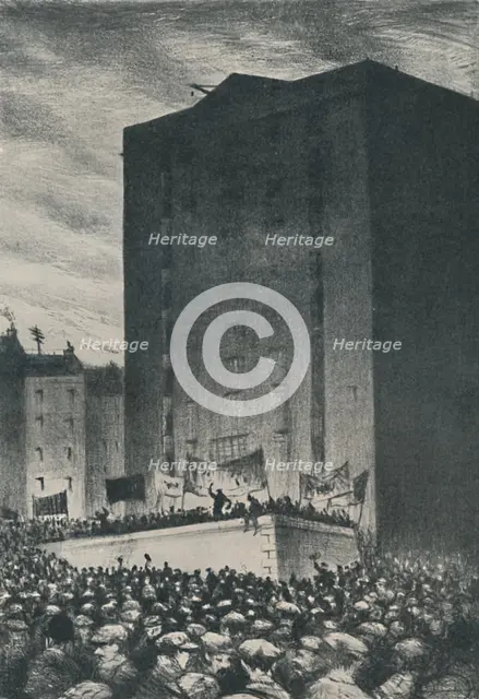 'The Railway Strike - Meeting on Tower Hill, 1919', 1920. Artist: CRW Nevinson.