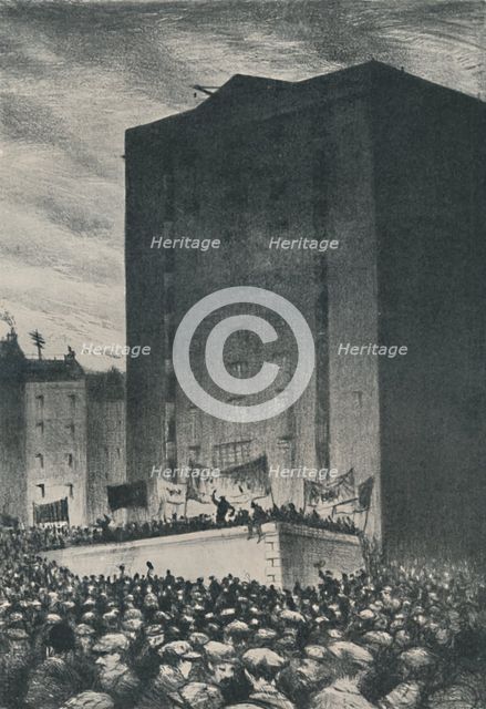 'The Railway Strike - Meeting on Tower Hill, 1919', 1920. Artist: CRW Nevinson.