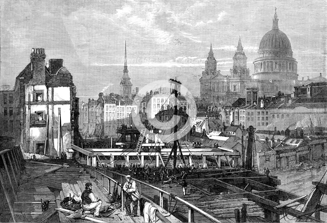 The railway works at Blackfriars and opening towards Ludgate Hill...from the temporary bridge, 1864. Creator: Mason Jackson.