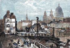 The railway works at Blackfriars and opening towards Ludgate Hill...from the temporary bridge, 1864. Creator: Mason Jackson