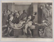 The raising of Lazarus, who is carried by three men at left, while his sister and C..., ca. 1656-60. Creators: Jan van Troyen, David Teniers II