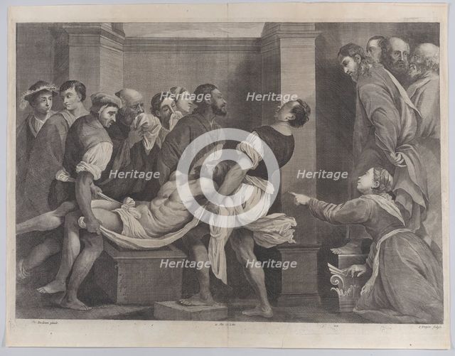 The raising of Lazarus, who is carried by three men at left, while his sister and C..., ca. 1656-60. Creators: Jan van Troyen, David Teniers II.