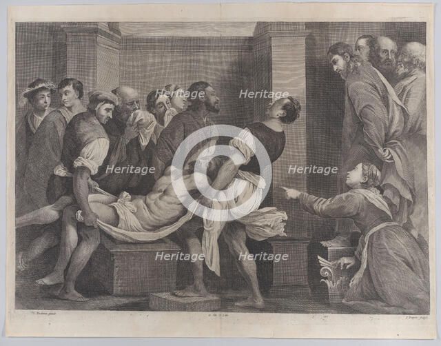 The raising of Lazarus, who is carried by three men at left, while his sister and C..., ca. 1656-60. Creators: Jan van Troyen, David Teniers II.