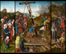 The Raising of the Cross [center, left, and right panels], c. 1480/1490. Creator: Master of the Starck Triptych