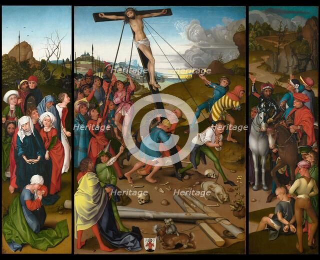 The Raising of the Cross [center, left, and right panels], c. 1480/1490. Creator: Master of the Starck Triptych.