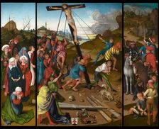 The Raising of the Cross [center, left, and right panels], c. 1480/1490. Creator: Master of the Starck Triptych