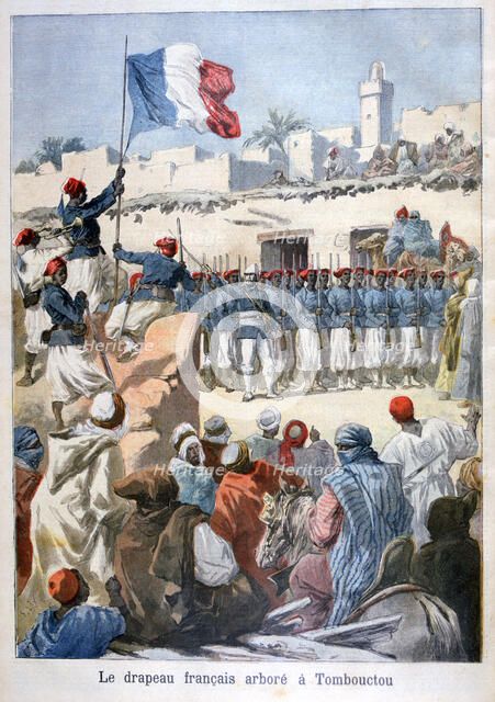 The raising of the French flag at Timbuktu, 1894. Artist: Frederic Lix