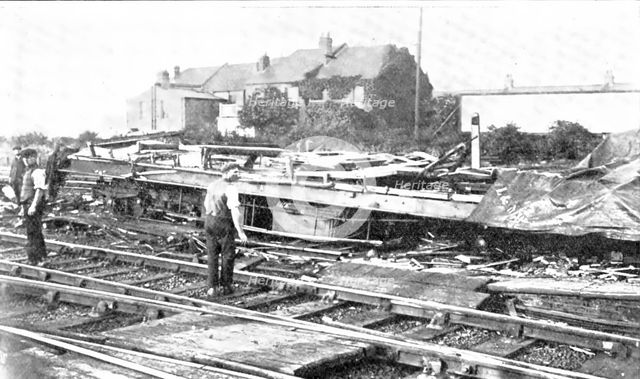 The recent railway accident at Wembley: the wreckage on the line, 1909. Creator: Topical Press Agency.