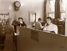 The reception at the Rowntree medical department, York, Yorkshire, 1955