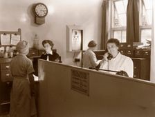 The reception at the Rowntree medical department, York, Yorkshire, 1955