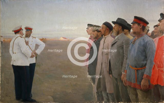 The recruitment, 1904. Artist: Popov, Lukian Vasilyevich (1873-1914)