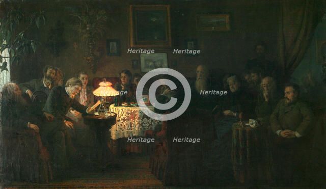 The reading of the novella The Kreutzer Sonata at the Leo Tolstoy House, 1889. Artist: Myasoedov, Grigori Grigoryevich (1834-1911)