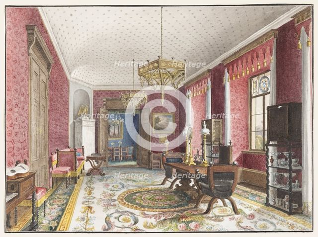 The Red Room, Schloss Fischbach, c. 1846. Artist: Klose, Friedrich Wilhelm (1804-1863)