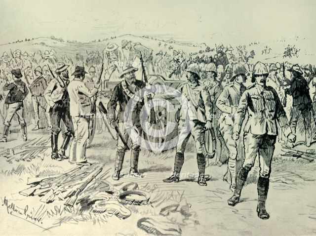 'The Reddersburg Mishap: Men of the Irish Rifles and Mounted Infantry Delivering Up Their Arms', 190 Creator: Melton Prior.