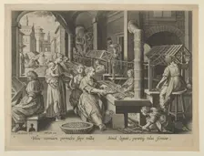 The Reeling of Silk, Plate 6 from "The Introduction of the Silkworm" [Vermis Sericus],..., ca. 1595. Creator: Karel van Mallery
