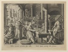 The Reeling of Silk, Plate 6 from "The Introduction of the Silkworm" [Vermis Sericus],..., ca. 1595. Creator: Karel van Mallery