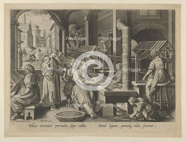 The Reeling of Silk, Plate 6 from "The Introduction of the Silkworm" [Vermis Sericus],..., ca. 1595. Creator: Karel van Mallery.