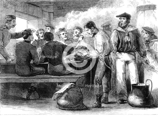 The Reinforcements for Canada: dinner-time and serving out of the grog on board a troop..., 1862. Creator: Unknown.