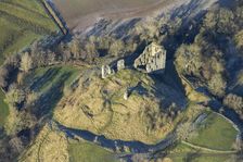 The remains of Clun Castle, a motte and bailey castle, Clun, Shropshire, 2024. Creator: Damian Grady