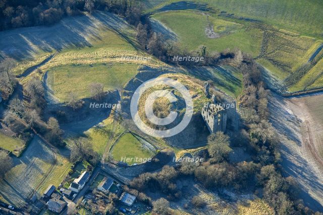 The remains of Clun Castle, a motte and bailey castle, Clun, Shropshire, 2024. Creator: Damian Grady.