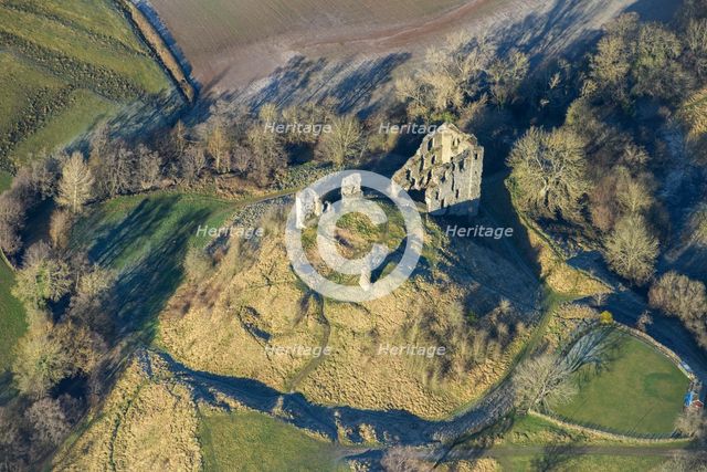 The remains of Clun Castle, a motte and bailey castle, Clun, Shropshire, 2024. Creator: Damian Grady.