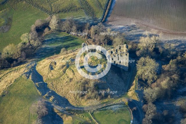The remains of Clun Castle, a motte and bailey castle, Clun, Shropshire, 2024. Creator: Damian Grady.