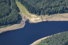 The remains of Ouzelden Viaduct revealed by low water levels at Derwent Reservoir, Derbyshire, 2022. Creator: Emma Trevarthen