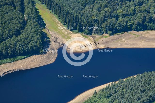 The remains of Ouzelden Viaduct revealed by low water levels at Derwent Reservoir, Derbyshire, 2022. Creator: Emma Trevarthen.