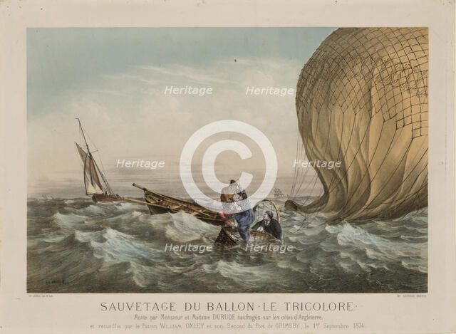 The rescue of Jules and Caroline Duruof from their balloon "Le Tricolore" off the coast of..., 1874. Creator: Anonymous.