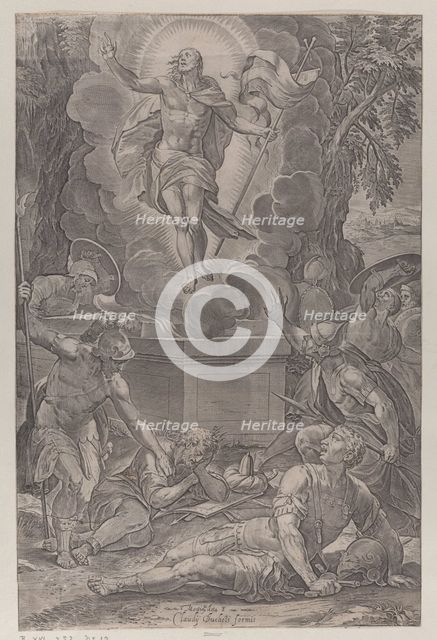The Ressurection, with soldiers in various stages of wakefulness in front of the tomb, ..., 1565-83. Creator: Martino Rota.