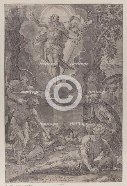 The Ressurection, with soldiers in various stages of wakefulness in front of the tomb, ..., 1565-83. Creator: Martino Rota.