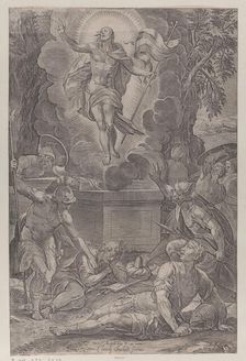 The Ressurection, with soldiers in various stages of wakefulness in front of the tomb, ..., 1565-83. Creator: Martino Rota