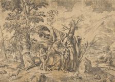 The Rest on the Flight into Egypt, Joseph at right, the Virgin holds the Christ Child i..., 1531-76. Creator: Giulio Bonasone