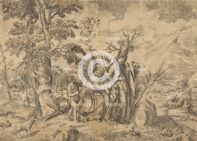 The Rest on the Flight into Egypt, Joseph at right, the Virgin holds the Christ Child i..., 1531-76. Creator: Giulio Bonasone.