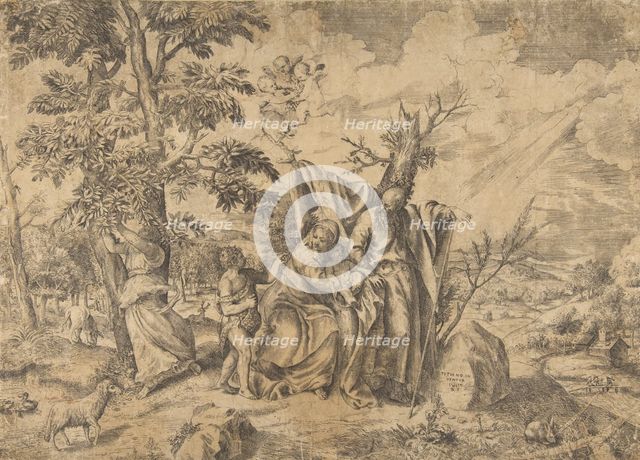 The Rest on the Flight into Egypt, Joseph at right, the Virgin holds the Christ Child i..., 1531-76. Creator: Giulio Bonasone.