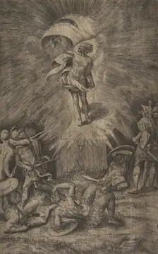 The resurrection of Christ, holding a banner in his right hand, soldiers surrounding the t..., 1561. Creator: Giulio Bonasone