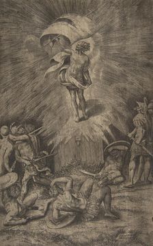 The resurrection of Christ, holding a banner in his right hand, soldiers surrounding the t..., 1561. Creator: Giulio Bonasone