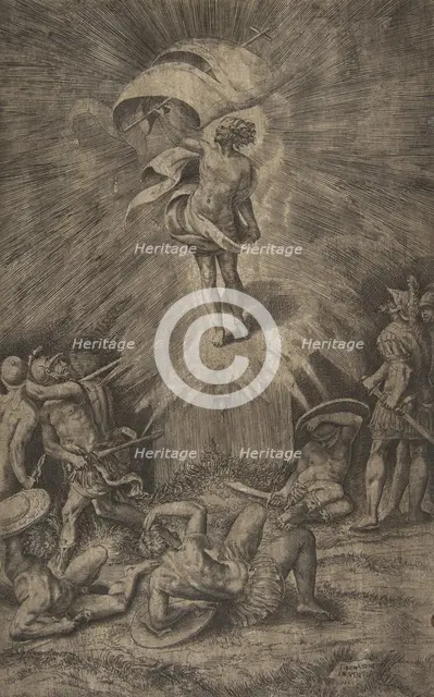 The resurrection of Christ, holding a banner in his right hand, soldiers surrounding the t..., 1561. Creator: Giulio Bonasone.