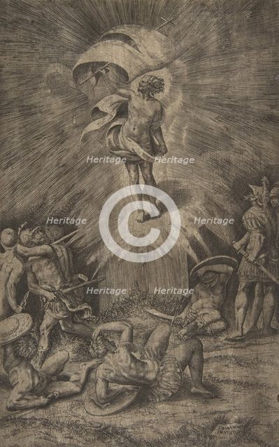 The resurrection of Christ, holding a banner in his right hand, soldiers surrounding the t..., 1561. Creator: Giulio Bonasone.