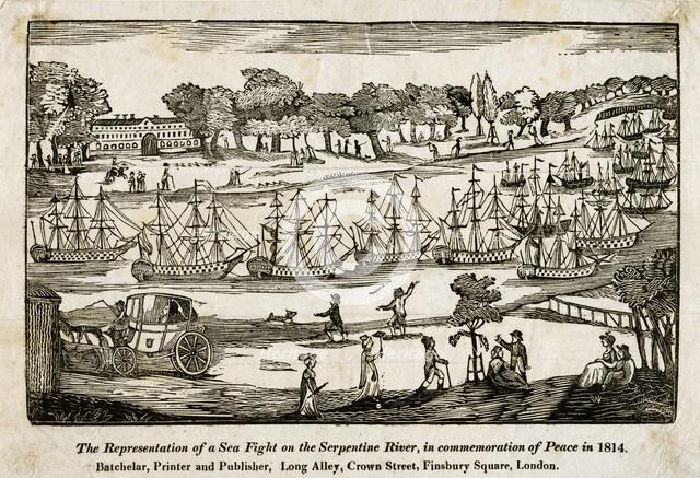 'The Representation of a Seafight on the Serpentine River, in commemoration of Peace in 1814'. Artist: Unknown.