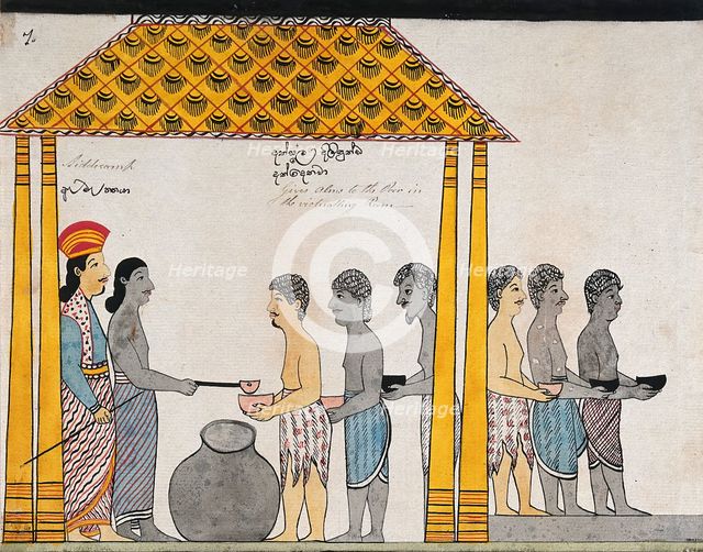 The representative of the people of Jetuttara gives alms to the poor in the victualling rooms, 1815. Creator: Unknown.
