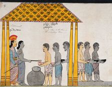 The representative of the people of Jetuttara gives alms to the poor in the victualling rooms, 1815. Creator: Unknown
