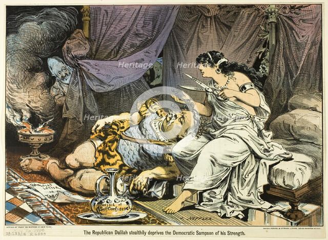 The Republican Dalilah Stealthily deprives the Democratic Sampson ..., published November 10, 1880. Creator: Joseph Keppler.