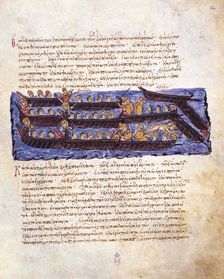 The repulsion of the Russian attack on Constantinople in 941 by the Byzantine fleet (Miniature from Artist: Anonymous